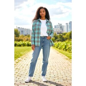 (H-238) Bonobos Plaid Button Down Shirt Women's Small Slim Fit Green Blue Cotton
